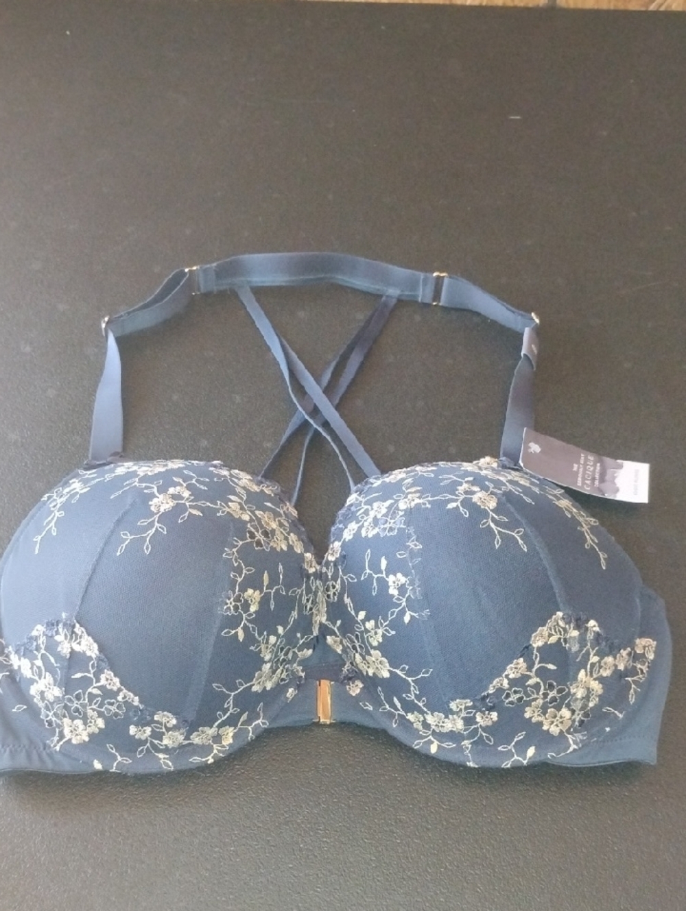 Cacique Blue Embroidered Push-Up Bra with Crisscross Straps